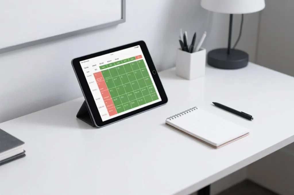 A clean desk with a digital tablet showing a sports match schedule and calendar